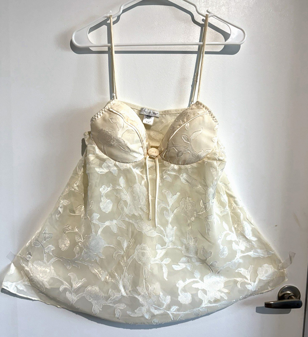Vtg Seductive Wear Cinema Etoile Chemise Babydoll Lingerie Cream jacquard Size-L